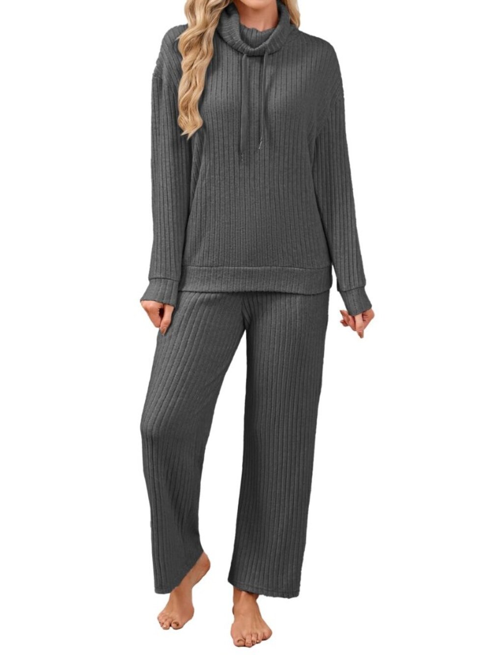 Womens 2 Piece Pajamas Set Cowl Neck Sweatshirt and Wide Leg Pant